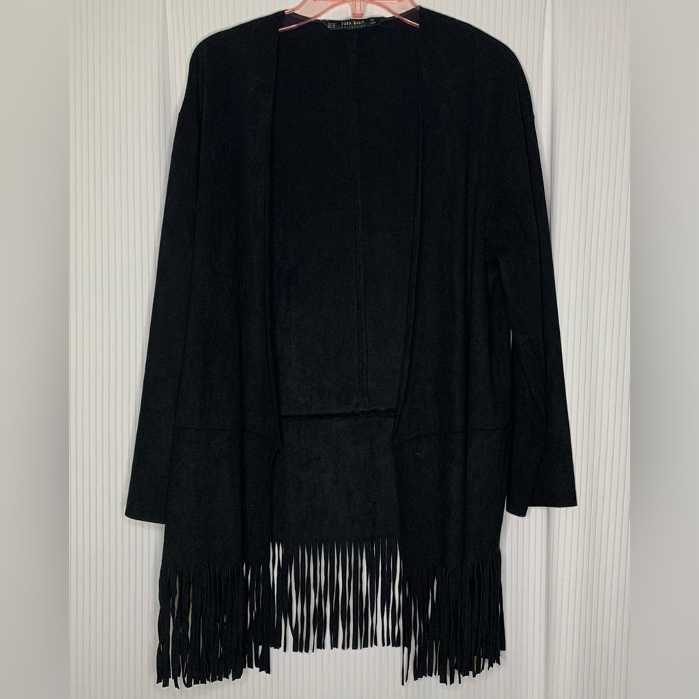 Zara Faux Suede Cardigan Open Front Lightweight Fringe Bottom Black